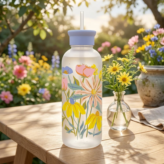 בקבוק זכוכית עם קש Springtime Blooms