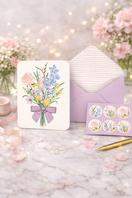 מארז כרטיסי ברכה עם סרט Wildflower Bouquet Bow