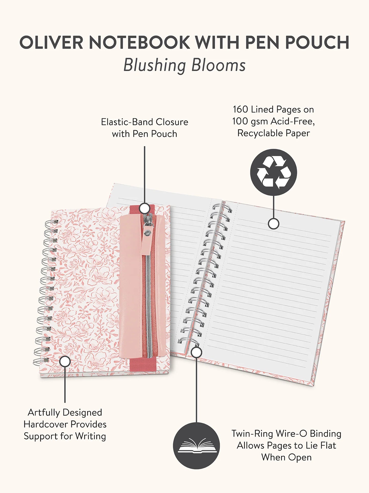 מחברת ספירלה עם כיס לעט Blushing Blooms