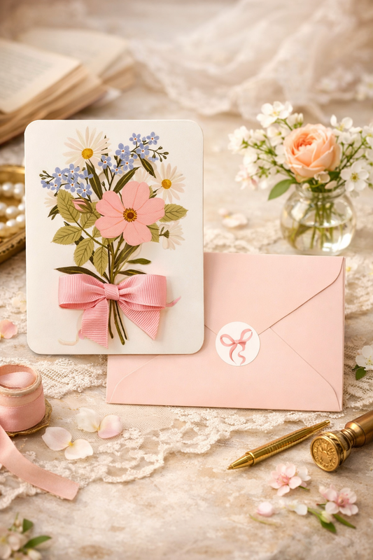 מארז כרטיסי ברכה עם סרט Blissful Bouquet Bow