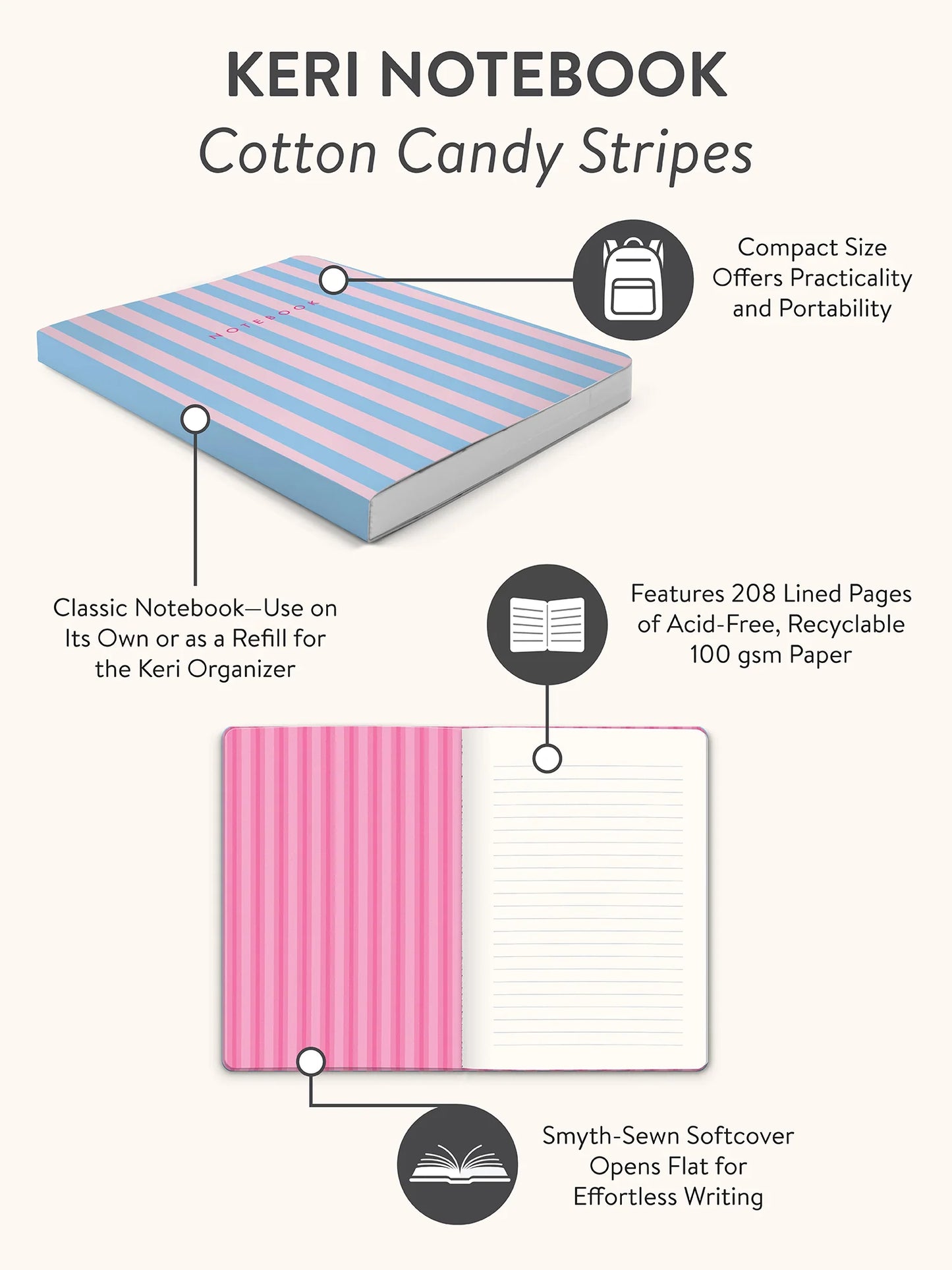 מחברת רכה keri דגם Cotton Candy Stripes