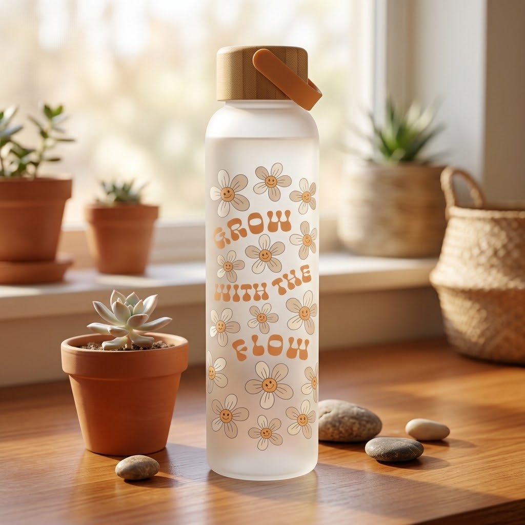 בקבוק זכוכית עם מכסה במבוק Grow with the Flow