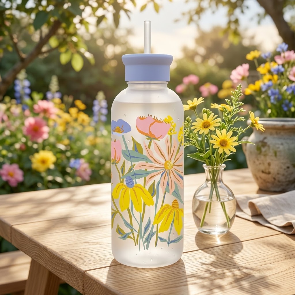 בקבוק זכוכית עם קש Springtime Blooms