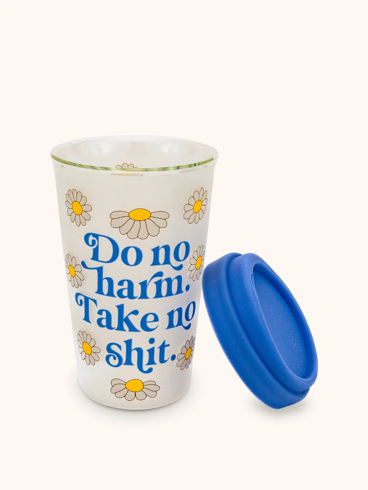 כוס זכוכית עם מכסה סיליקון Do No  Harm