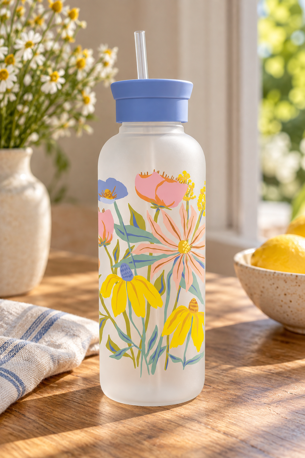 בקבוק זכוכית עם קש Springtime Blooms