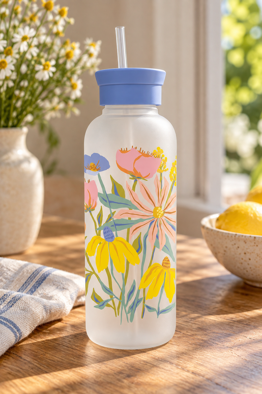 בקבוק זכוכית עם קש Springtime Blooms