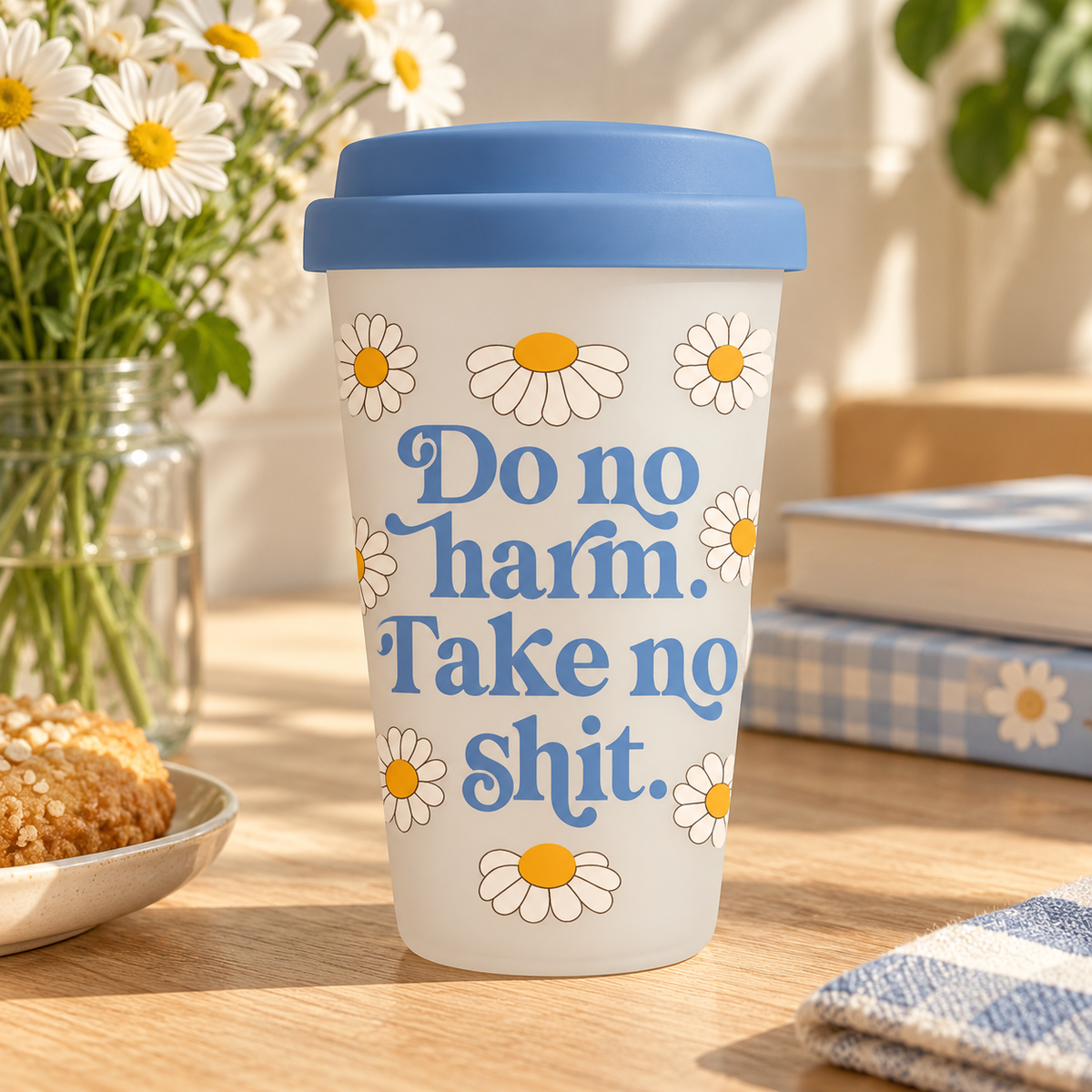 כוס זכוכית עם מכסה סיליקון Do No  Harm