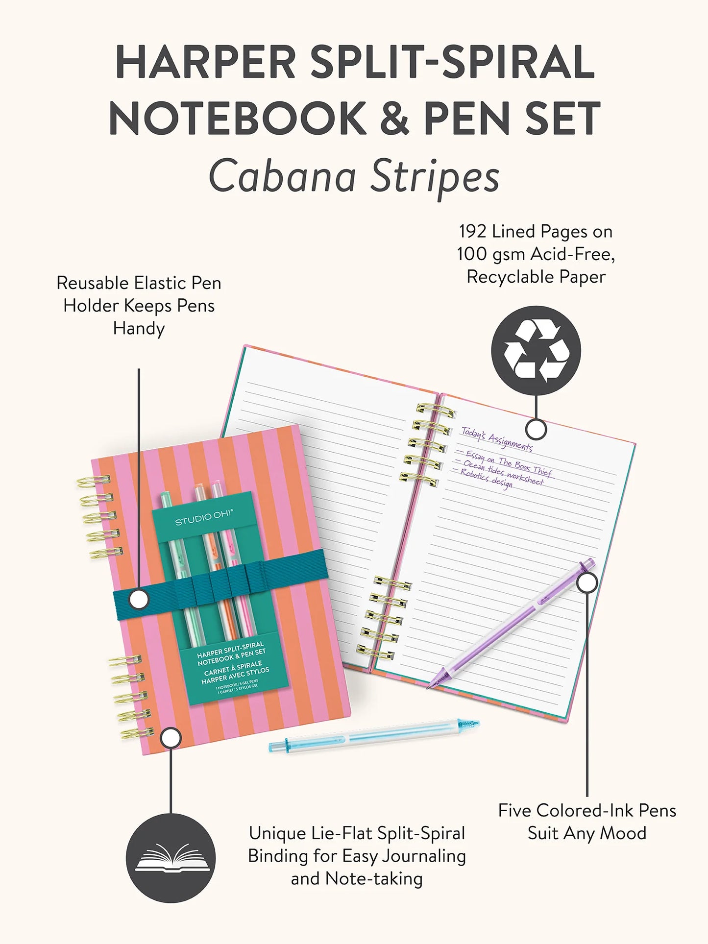 מחברת ספירלה עם סט עטים Cabana Stripes