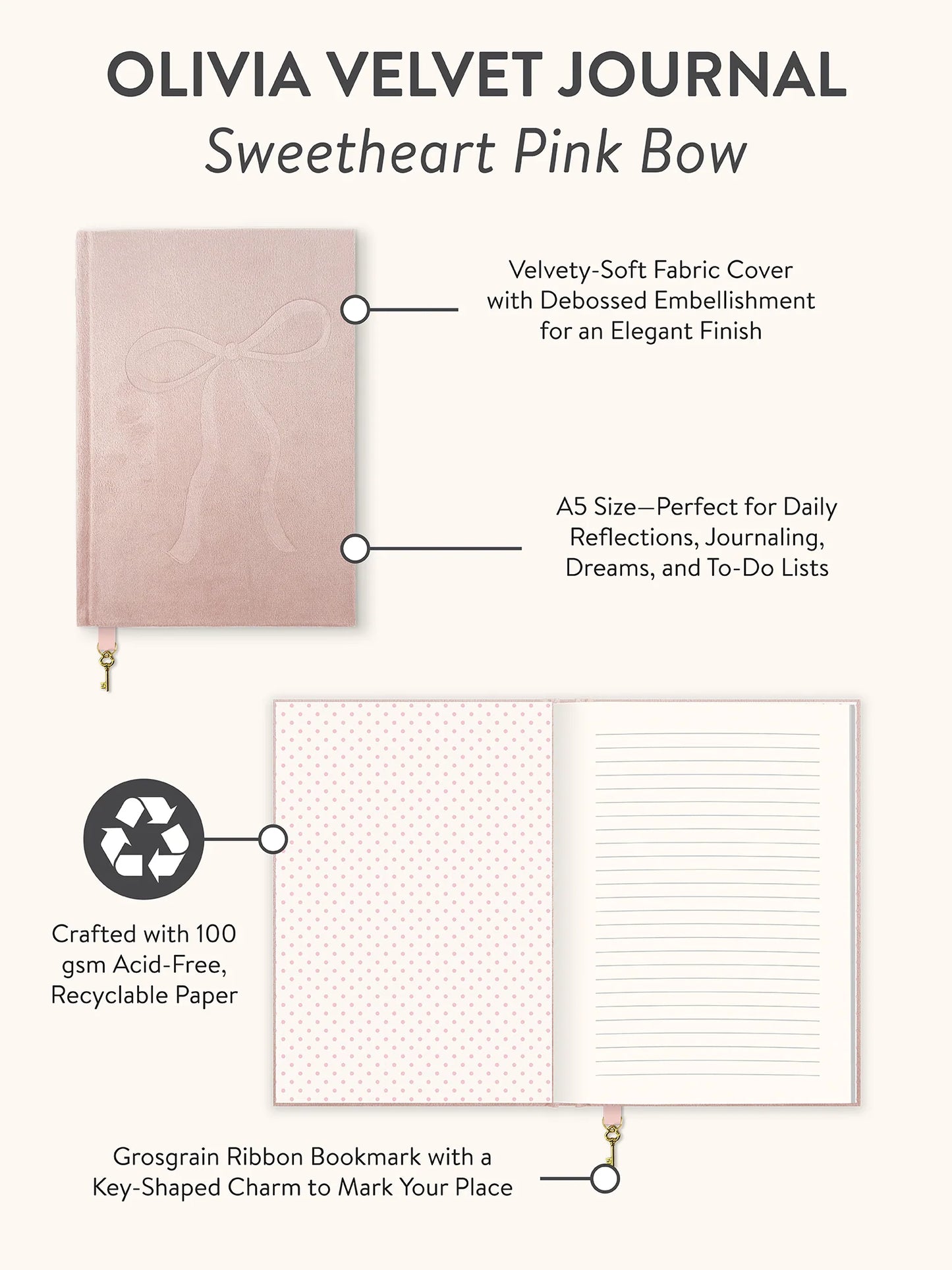 מחברת כריכה קשה קטיפתית  Sweetheart Pink Bow