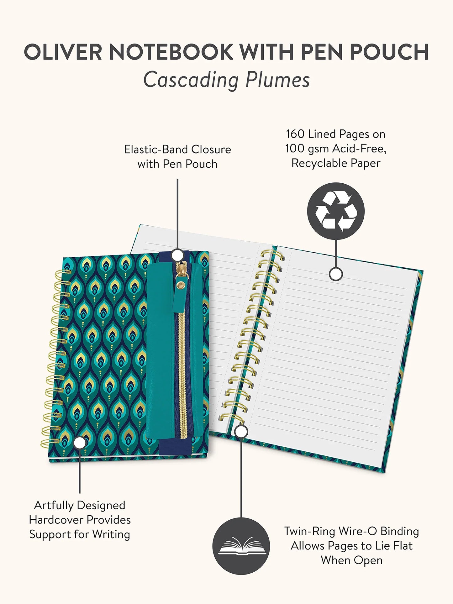 מחברת ספירלה עם כיס לעט Cascading Plumes