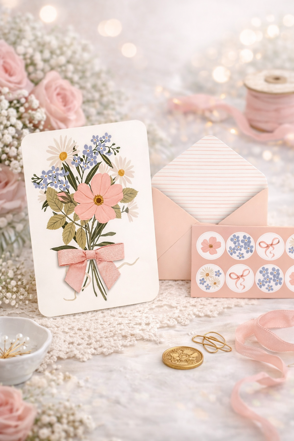 מארז כרטיסי ברכה עם סרט  Blissful Bouquet Bow