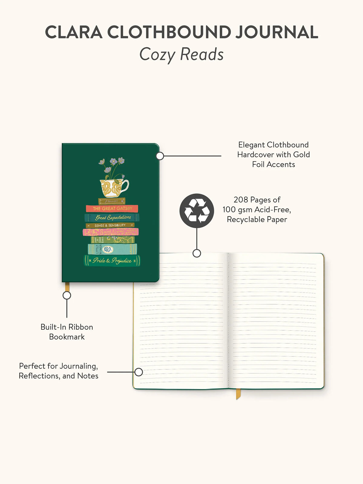 מחברת כריכת בד -  Cozy Reads Clara Clothbound Journal