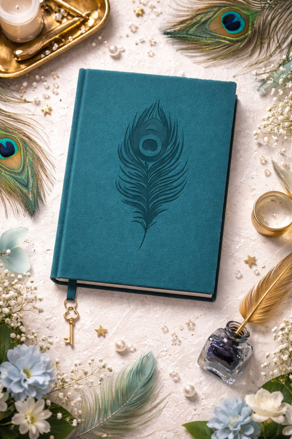 מחברת כריכה קשה קטיפתית  Peacock Blue