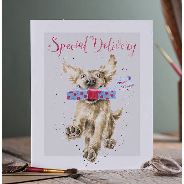 כרטיס ברכה ליום הולדת 'Special Delivery' golden retriever